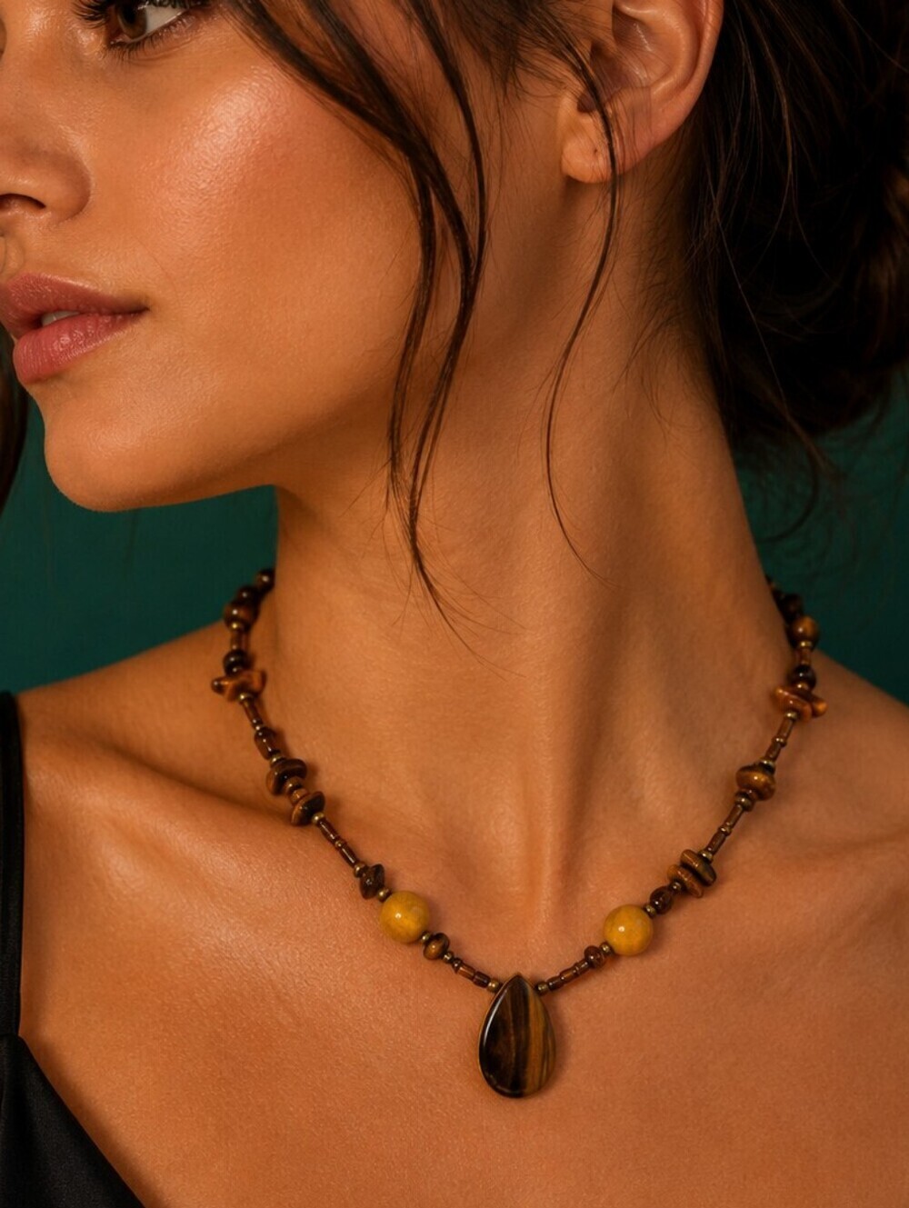 Vintage Tiger Eye Teardrop Pendant Citrine Beaded Necklace